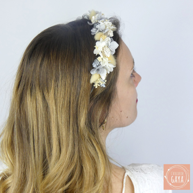 Frosted Elegance – Grey and Ivory Dried Flower Headband