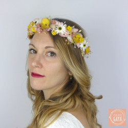 Soleil Champêtre – Couronne de tête en fleurs séchées jaune et blanche