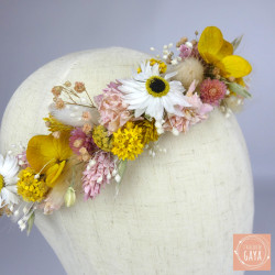 Soleil Champêtre – Couronne de tête en fleurs séchées jaune et blanche