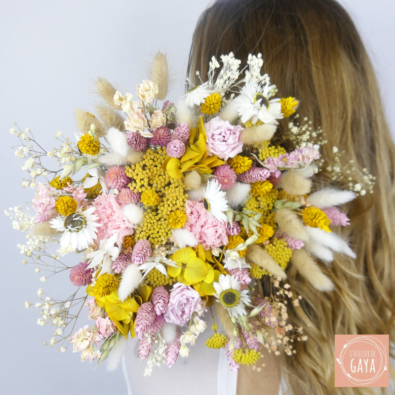 Field of Sunshine – Yellow and Pink Dried Flower Bouquet for Weddings and Decor
