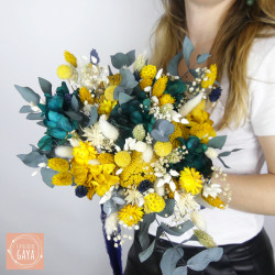 Le Solaire – Bouquet de mariée en fleurs séchées jaune et bleu pétrole