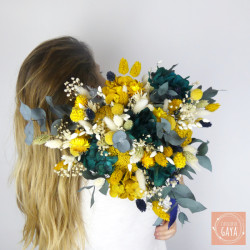 Le Solaire – Bouquet de mariée en fleurs séchées jaune et bleu pétrole