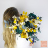 Le Solaire – Bouquet de mariée en fleurs séchées jaune et bleu pétrole