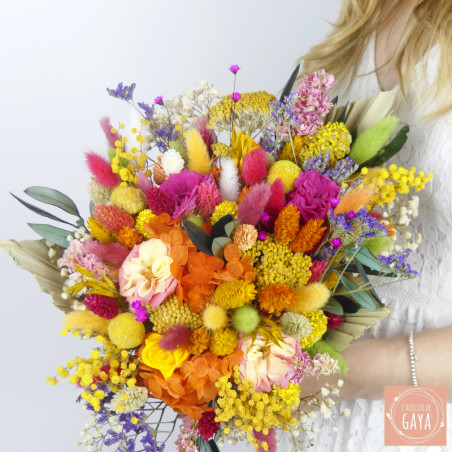 Tropical Punch – Bouquet de fleurs séchées multicolores pour une mariée audacieuse et solaire.