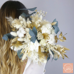 Élégance Sauvage – Bouquet de mariée en fleurs séchées blanc, doré et eucalyptus