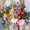 Flowers used: Roses, statice, lagurus, limonium, craspedia, mimosa, phalaris, ruscus