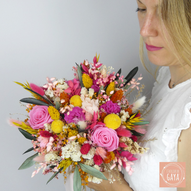 Bouquet de mariée coloré en fleurs séchées “Été Indien”, création artisanale L’Atelier de Gaya.
