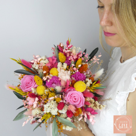 Bouquet de mariée coloré en fleurs séchées “Été Indien”, création artisanale L’Atelier de Gaya.