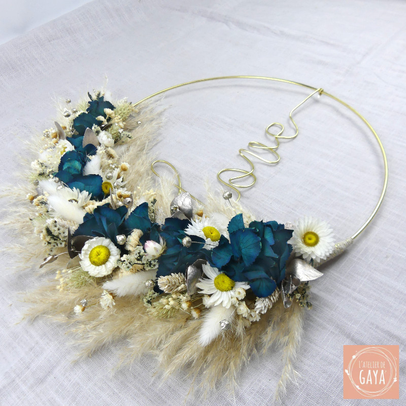 Le bleu Paon - Couronne murale de fleurs séchées/stabilisées