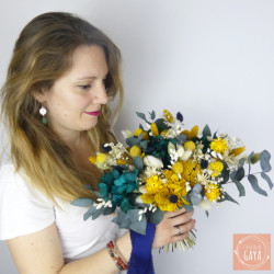 Le Solaire – Bouquet de mariée en fleurs séchées jaune et bleu pétrole