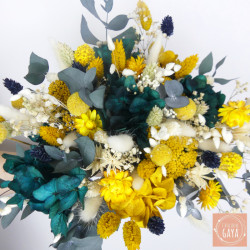 Le Solaire – Bouquet de mariée en fleurs séchées jaune et bleu pétrole