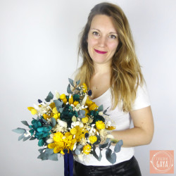 Le Solaire – Bouquet de mariée en fleurs séchées jaune et bleu pétrole